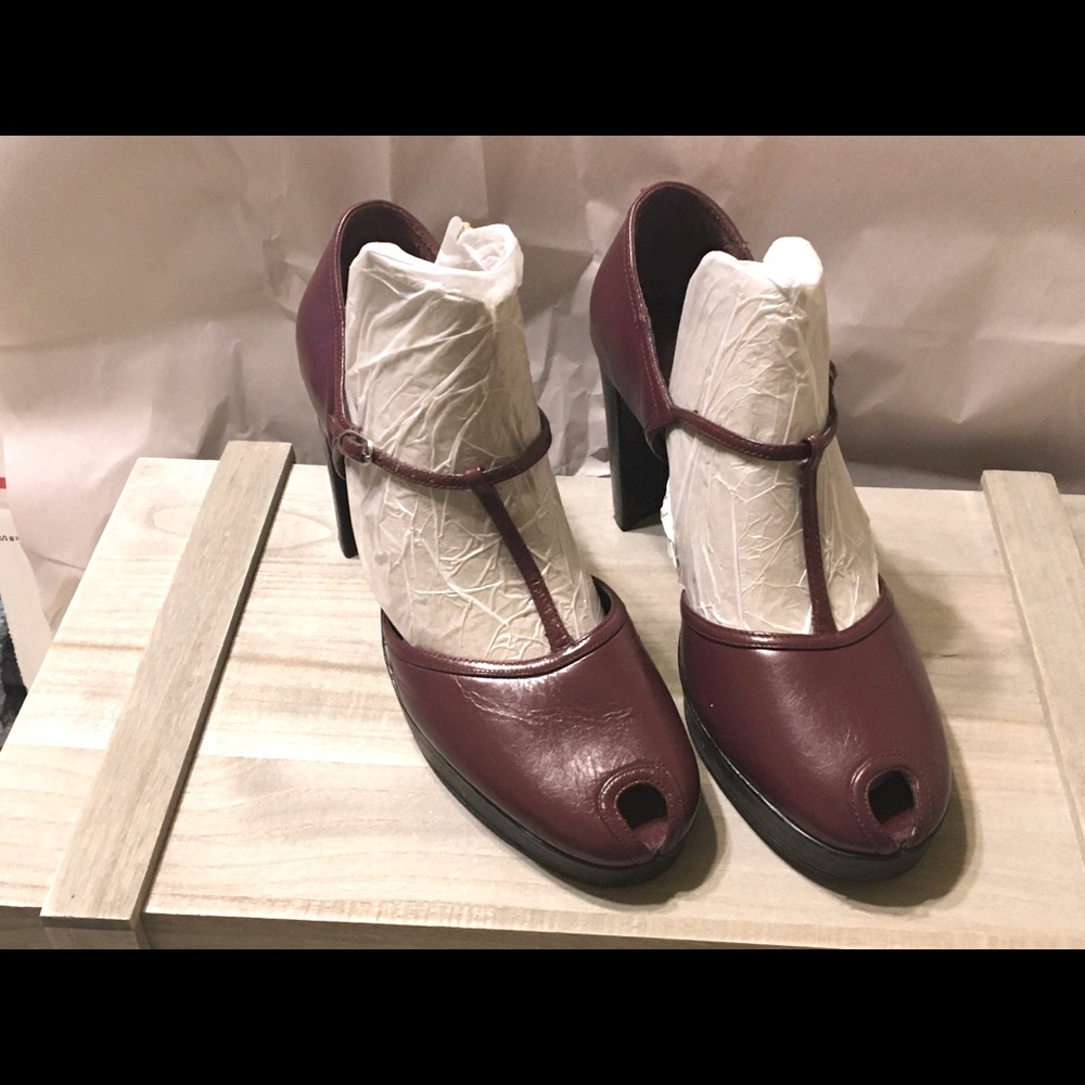 Flirty Burgundy Peep Toe T-Strap Heels